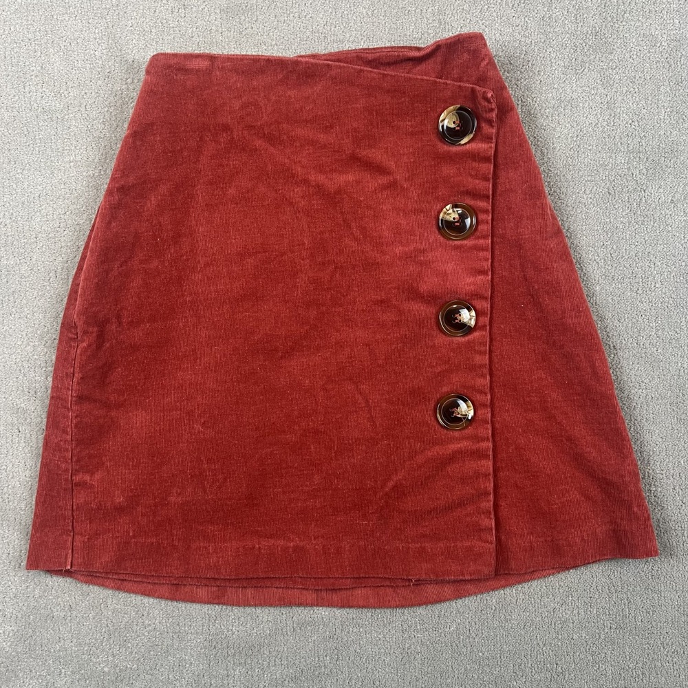In Miami Corduroy Mini Skirt Women Medium Rust Red Button Front Faux Wrap A-Line